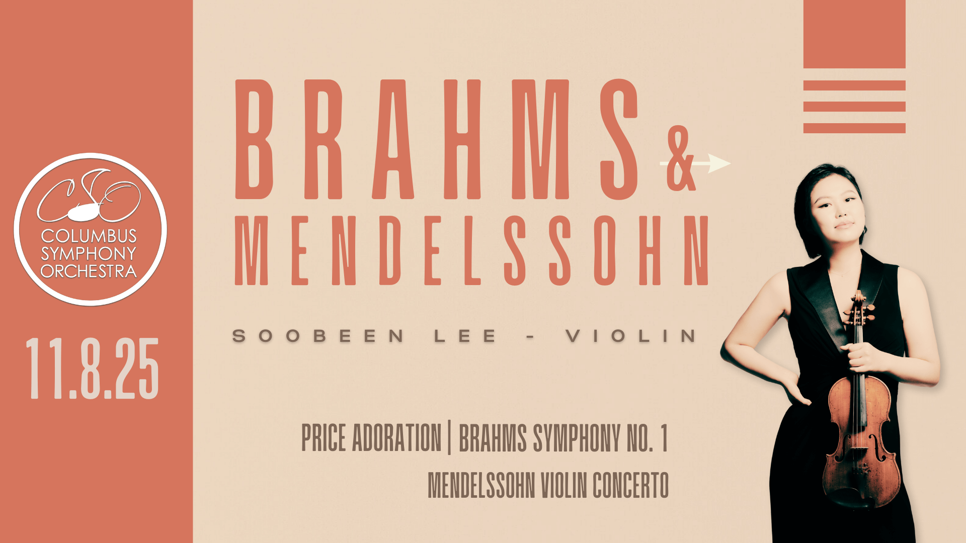 Columbus Symphony Orchestra Brahms and Mendelssohn concert poster with violinist Soobeen Lee