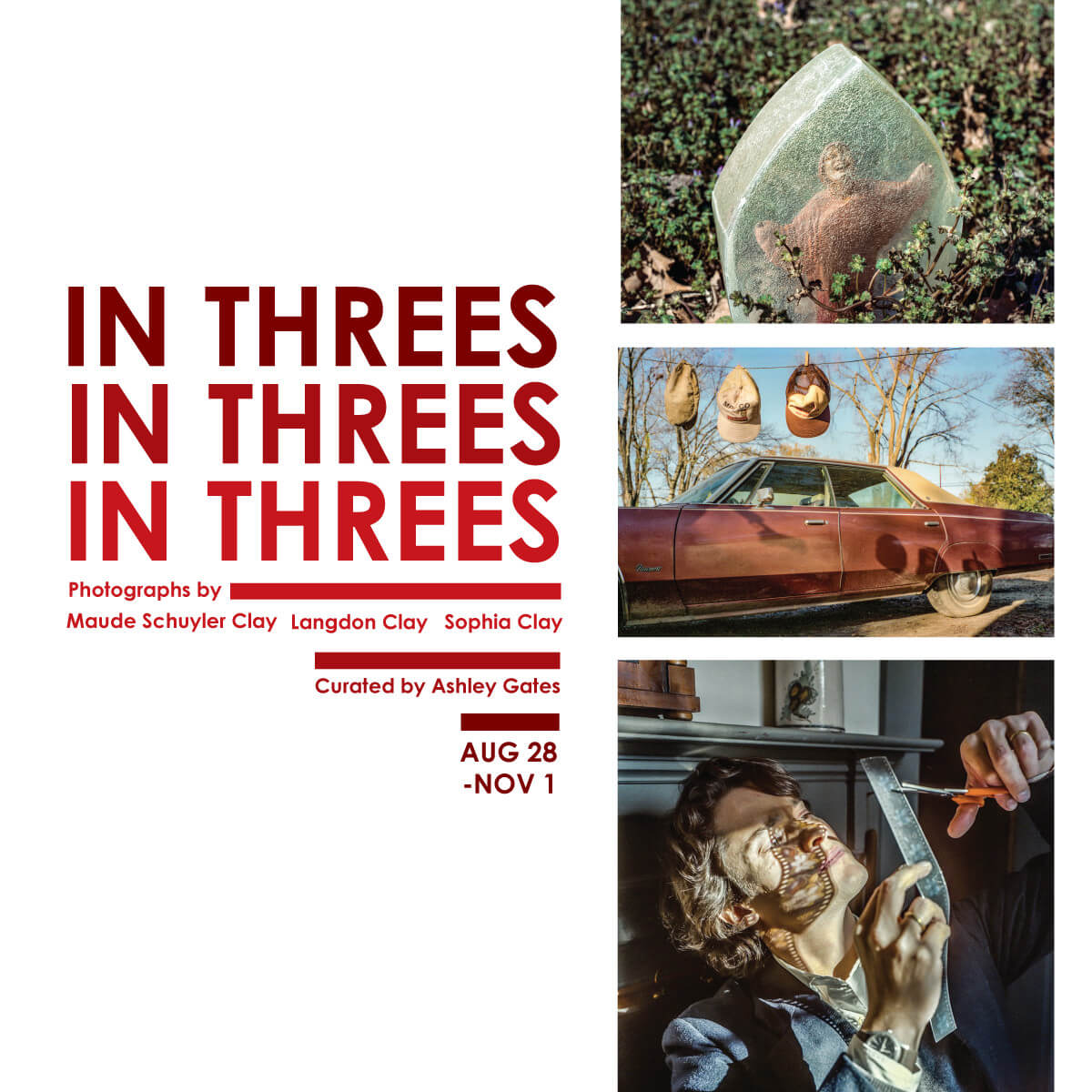 In Threes photography exhibit poster at Columbus Museum August to November 2025